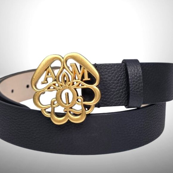 Alexander McQueen Black Pebbled Leather Belt w/ Gold “AM” Monogram Buckle — Size - Picture 3 of 8